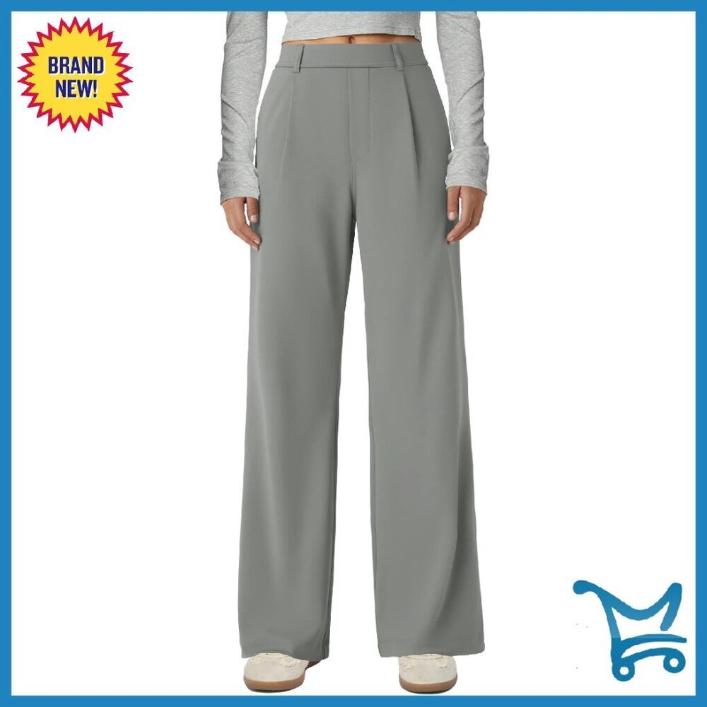 Stretchy Wide Leg Pull-On Pants High Waisted Work Casual Trousers Pockets